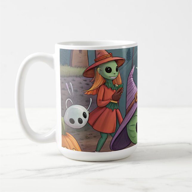 Aliens feiern Halloween auf der Erde – Kosmische K Kaffeetasse (Links)