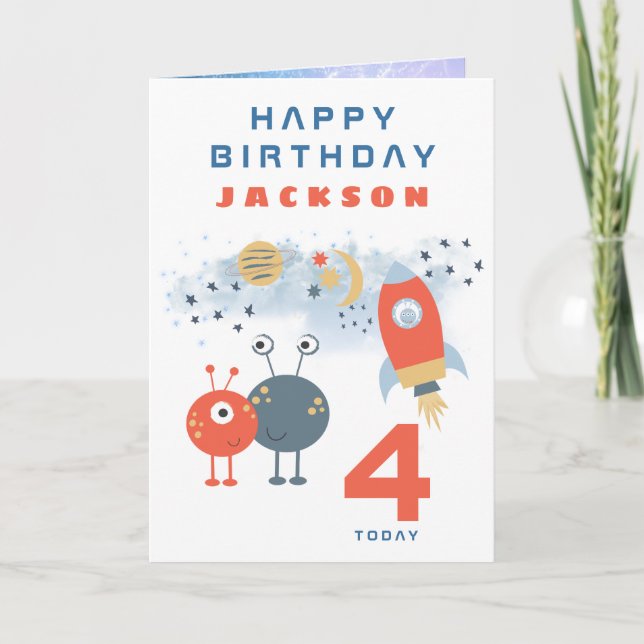 Aliens Spaceship Age 4 Birthday Space White Karte (Vorderseite)