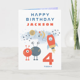 Aliens Spaceship Age 4 Birthday Space White Karte