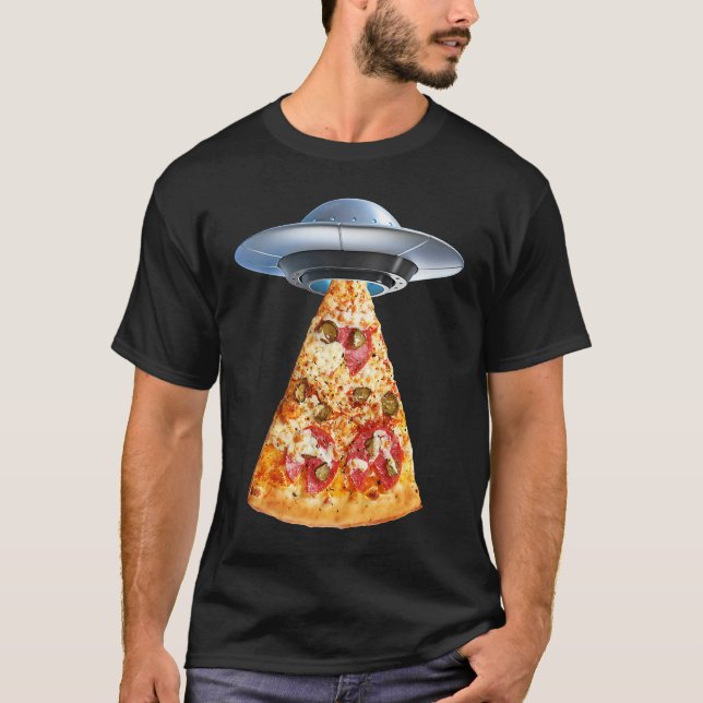 Aliens take pizza away in a flying saucer or UFO T-Shirt (Vorderseite)