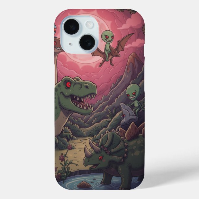 Aliens und Dinosaurier unter roten Himmel Case-Mate iPhone Hülle (Rückseite)