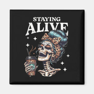 Alive Skeleton Halloween Leopard Messy Bun Women T Magnet