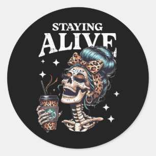Alive Skeleton Halloween Leopard Messy Bun Women T Runder Aufkleber