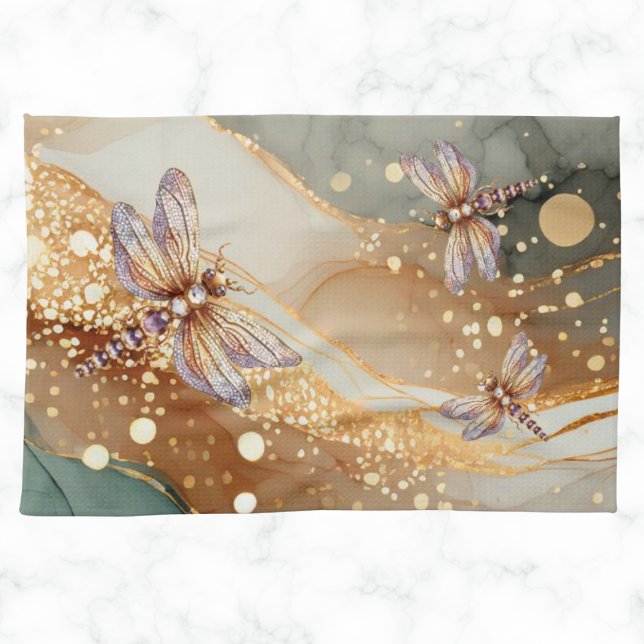 ALKOHOL INK UND JEWEL DRAGONFLY GESCHIRRTUCH (Alcohol ink and jewel dragonfly kitchen hand towel.  Elegant. Customizable.)