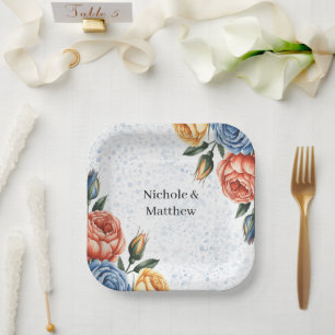 Alkohol-Tinte Aquarell Blau Orange Rosen Hochzeit Pappteller