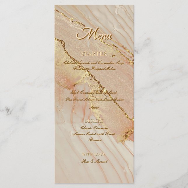 Alkohol Tinte Rosa Glitzer Gold Elegantes Flachmen Menükarte (Vorderseite)