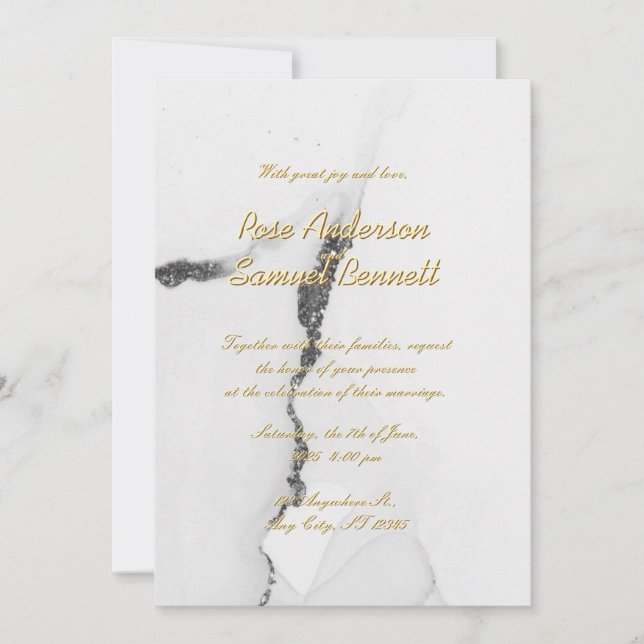 Alkohol Tinte Schwarz-weißer Glitzer Hochzeit Einl Einladung (Vorderseite)