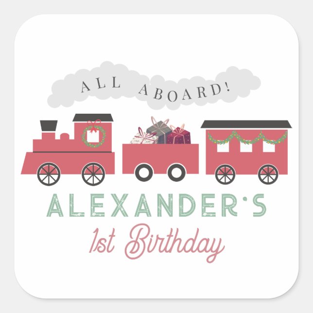 All Aboard Christmas Steam Train Birthday Quadratischer Aufkleber (Vorderseite)