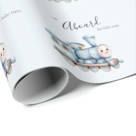 All Aboard the Baby Train Blue Boy Baby Shower Geschenkpapier