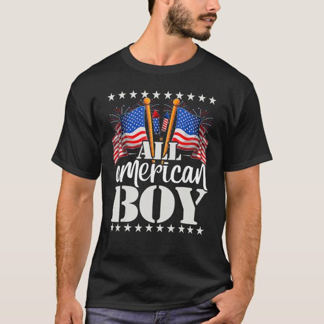 All American Boy USA America Flag & Firework 4th J T-Shirt (Vorderseite)