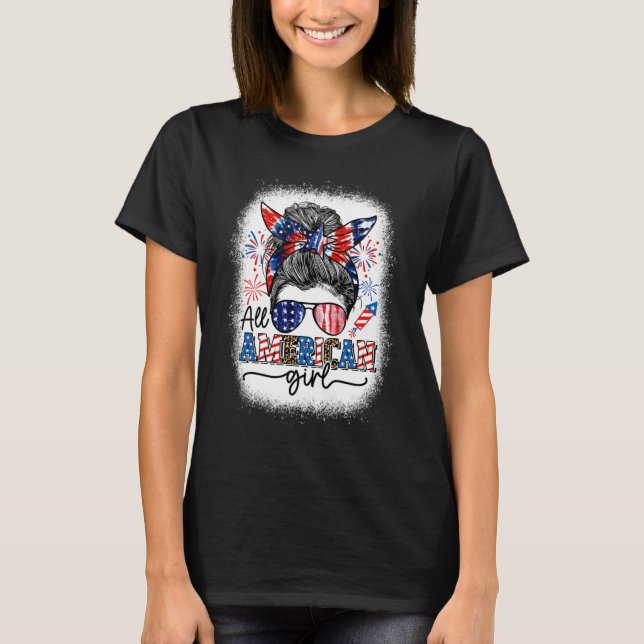 All American Girl Messy Bun Patriotic 4. Juli T-Shirt (Vorderseite)