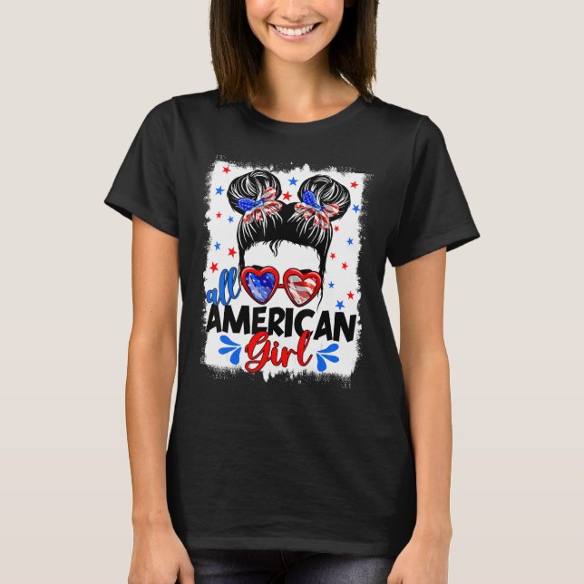 All American Girls 4th Of July Patriotic Messy Bun T-Shirt (Vorderseite)