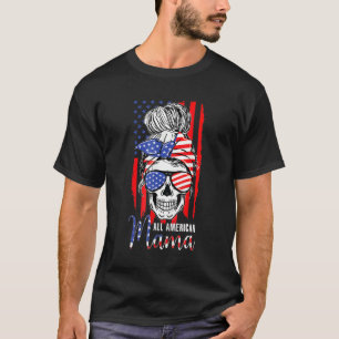 All American Mama Usa Flag Messy Bun Skull Mama 4. T-Shirt