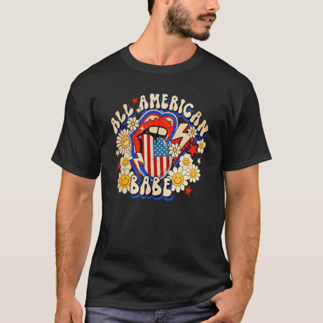 All American Retro Flower Babe 4th Of July USA Lip T-Shirt (Vorderseite)