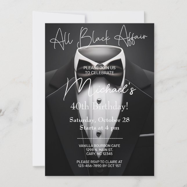 All Black Affair adult man birthday invitation. Einladung (Vorderseite)