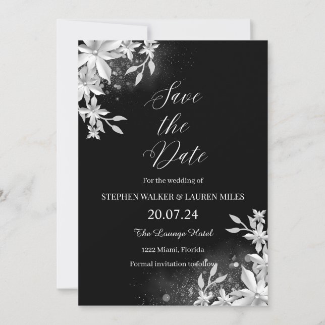 All Black Floral Save the Date Wedding Einladung (Vorderseite)