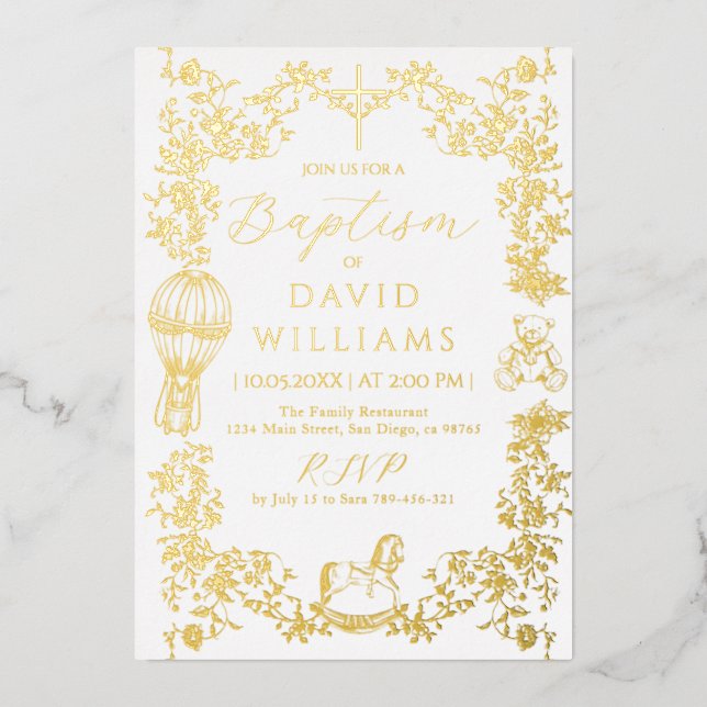 All Blue Toile Boy Baptism Elegante Folieneinladung (Vorderseite)