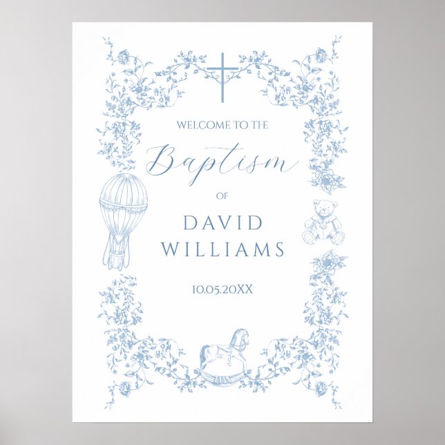 All Blue Toile Boy Baptism Elegante Willkommen Poster (Vorne)