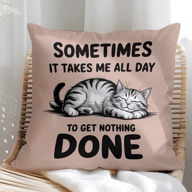 "All Day Doing Nothing" Funny Lazy Cat Kissen ("All Day Doing Nothing" Funny Lazy Cat Throw Pillow in a sunny boho rattan chair.)