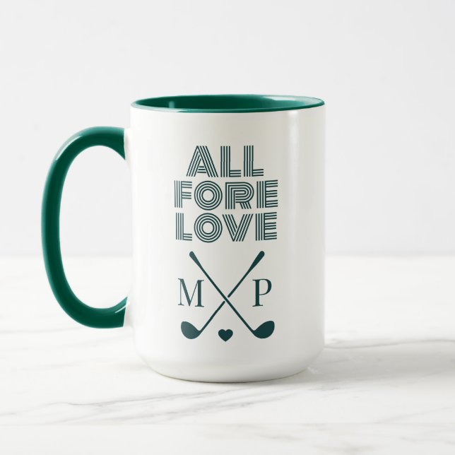 All Fore Love Monogramm | Dunkelgrün Modern Tasse (Links)