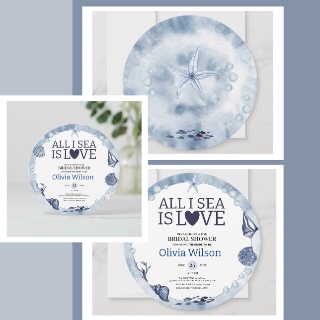All I Sea Is Love Nautical Bridal Shower Seashell  Einladung (All I Sea Is Love Nautical Bridal Shower Seashell Invitation navy blue, light blue, and soft white)