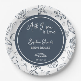 All I Sea is Love Navy Blue Seashells Doodles Pappteller
