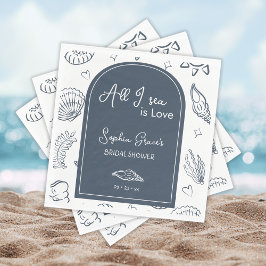 All I Sea is Love Navy Blue Seashells Doodles Serviette