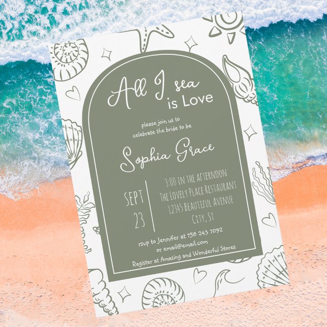 All I Sea is Love Sage Green Doodles Bridal Shower Einladung (Von Creator hochgeladen)