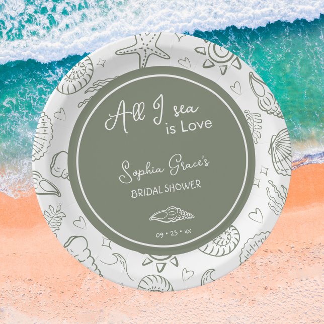 All I Sea is Love Sage Green Seashells Doodles  Pappteller (Von Creator hochgeladen)