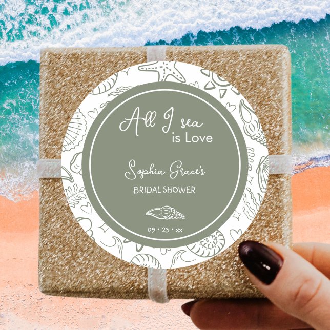 All I Sea is Love Sage Green Seashells Doodles  Runder Aufkleber (Von Creator hochgeladen)