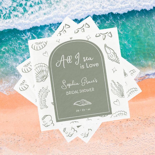 All I Sea is Love Sage Green Seashells Doodles  Serviette (Von Creator hochgeladen)