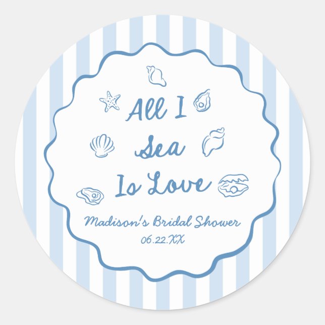 All I Sea Is Love Seashell Coastal Bridal Shower Runder Aufkleber (Vorderseite)