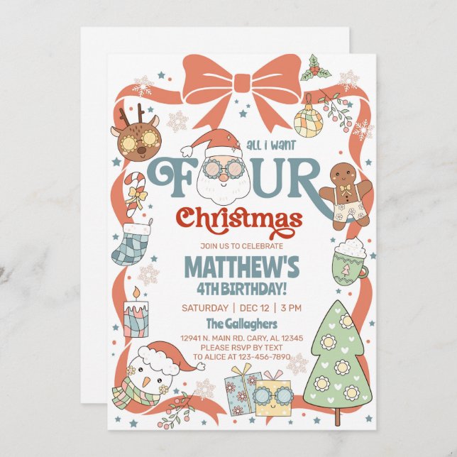 All I want FOUR Christmas boy 4th birthday invite. Einladung (Vorne/Hinten)