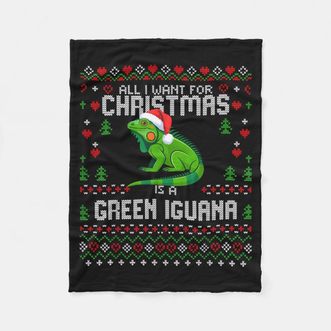 All I Want Green Iguana Lizard Christmas Ugly Xmas Fleecedecke (Vorderseite)