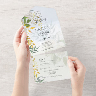 All-in-1 Botanische Hochzeitsfeier und UAWG-Blätte All In One Einladung
