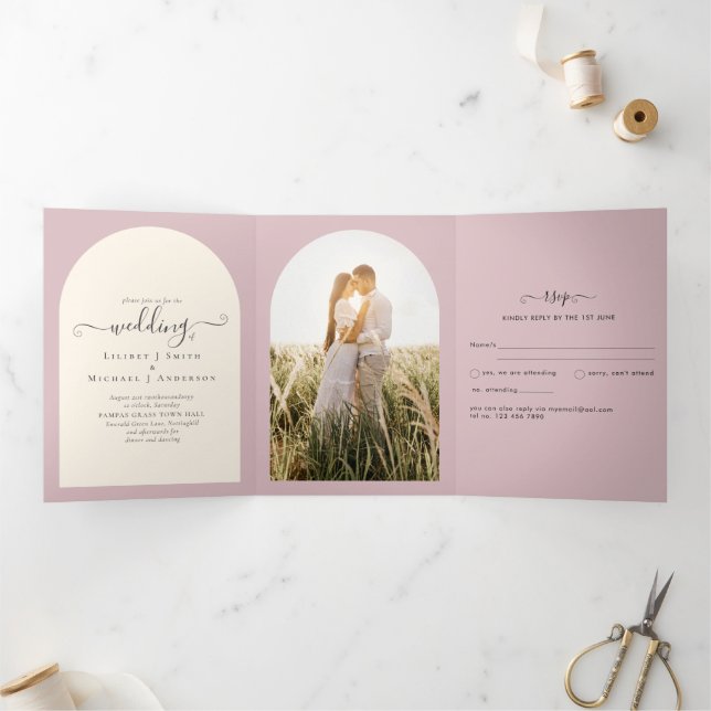 All-in-1 Dusty Rose Wedding RSVP Program FOTO Dreifach Gefaltete Einladung (Innenseite)