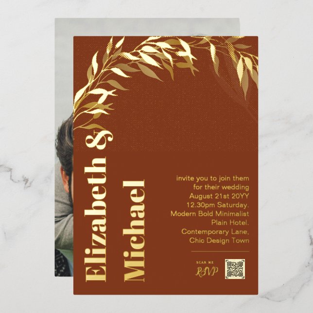 All-in-1 GOLD FOIL Terracotta Foto QR Code Modern Folieneinladung (Vorderseite/Rückseite)