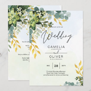 All-in-1 Greenery Gold Eukalyptus Blätter Hochzeit Einladung