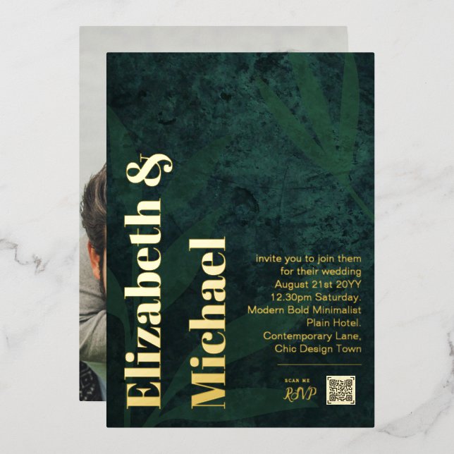 All-in-1 REAL GOLD FOIL Green Foto QR Code Modern Folieneinladung (Vorderseite/Rückseite)