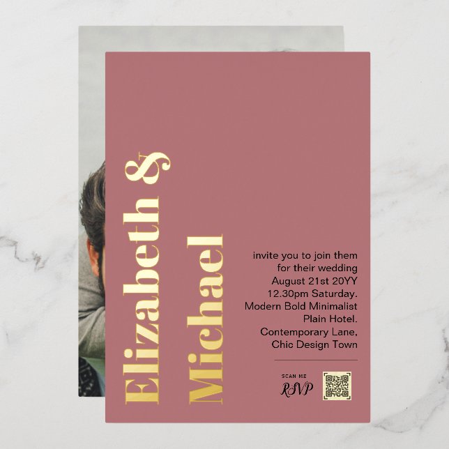 All-in-1 REAL GOLD FOIL Pink Foto QR Code Moderner Folieneinladung (Vorderseite/Rückseite)