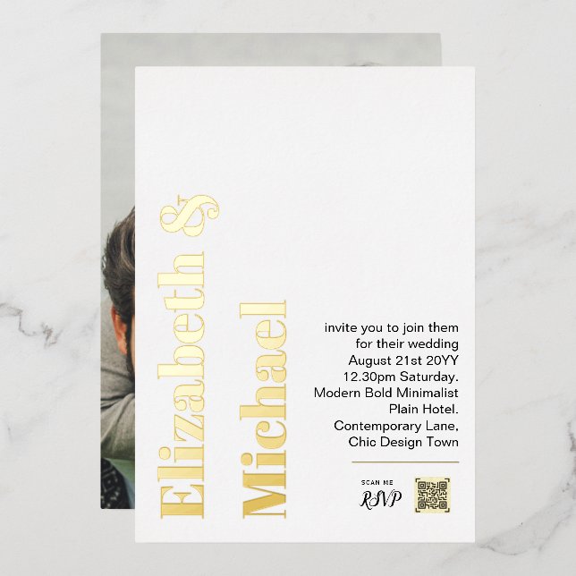 All-in-1 REAL GOLD FOIL White Foto QR Code Modern Folieneinladung (Vorderseite/Rückseite)