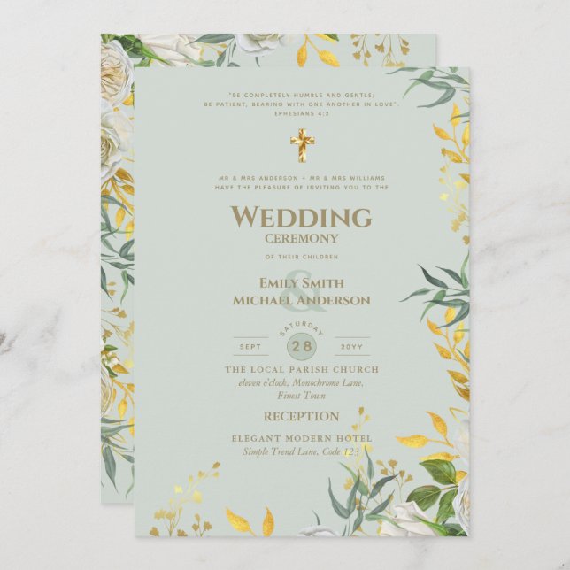 All-in-1-Sage Gold Greenery Katholische Hochzeit Einladung (Vorne/Hinten)