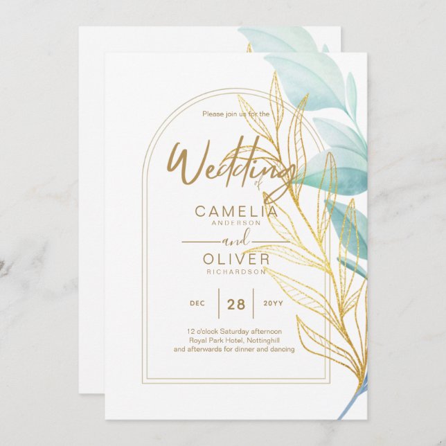 All-in-1 Sea Glass Aqua Green Gold Blätter Hochzei Einladung (Vorne/Hinten)