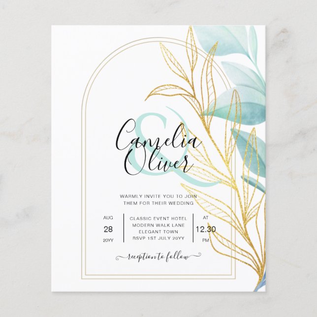All-in-1 Sea Glass Aqua Green Gold Blätter Hochzei Flyer (Vorne)