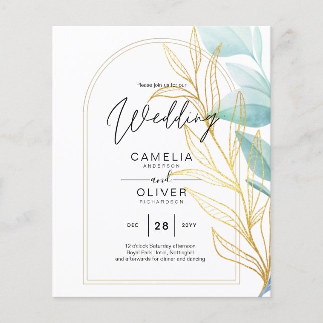 All-in-1 Sea Glass Aqua Green Gold Blätter Hochzei Flyer (Vorne)