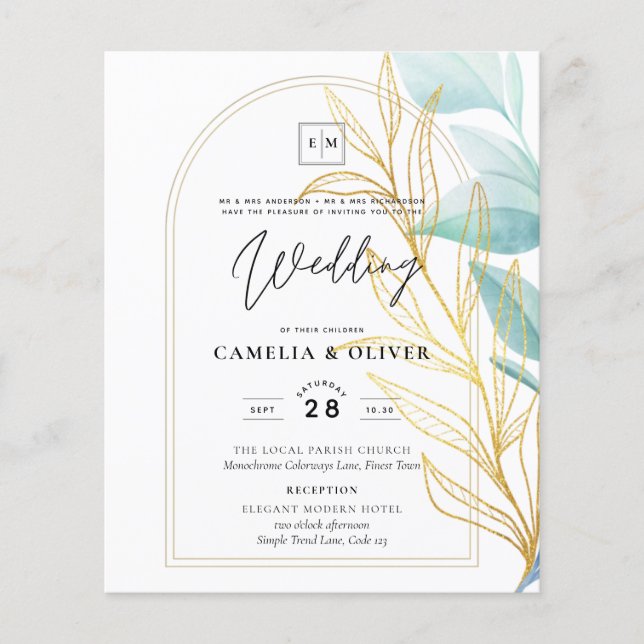 All-in-1 Sea Glass Aqua Green Gold Blätter Hochzei Flyer (Vorne)