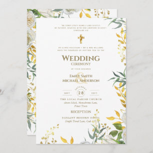 All-in-1 White Gold Greenery katholische Hochzeit Einladung