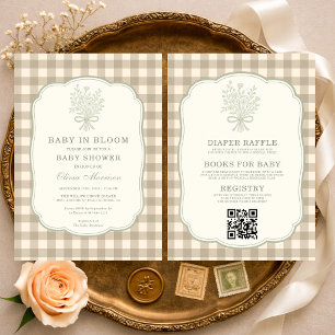 All in One Baby in Bloom Beige Gingham Babyparty Einladung