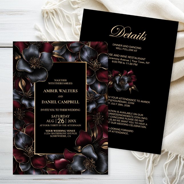 All in One Black Burgundy Gray Floral Wedding Einladung (Von Creator hochgeladen)