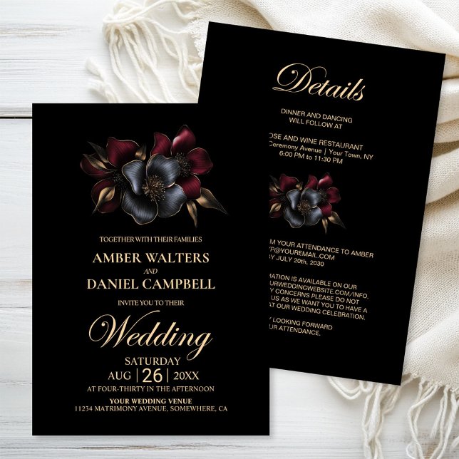 All in One Black Burgundy Gray Floral Wedding Einladung (Von Creator hochgeladen)